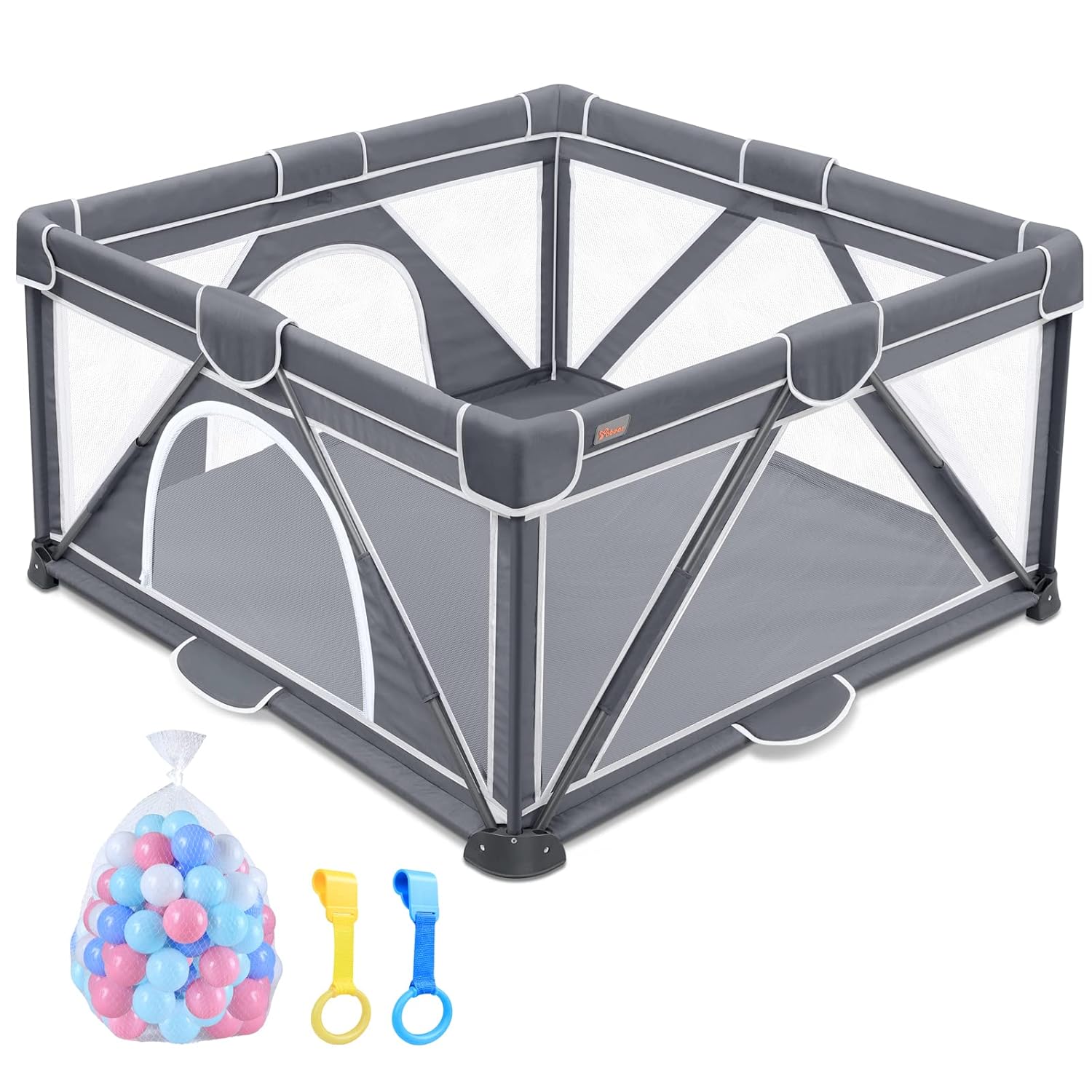 Foldable Baby Playpen, Yobear Large Playpen for Babies and Toddlers with 50 PCS Ocean Balls & 2 Handles, Indoor & Outdoor Kids Safety Play Pen Area, Portable Travel Play Yard (50"  50", Dark Grey)