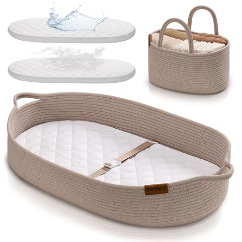PeraBella XL Baby Changing Basket for Dresser Top, Moses Baskets for Newborn, Portable Baby Diaper Changing Pad Table Topper for Dresser, Moses Bassinet Mat with Waterproof Pad Cover and Diaper Caddy
