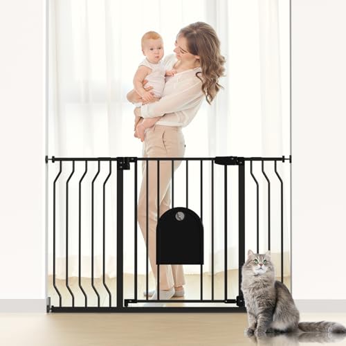 Baby Gate with Cat Door for Stairs - Auto Close 29.5-48.4" Dog Pet Safety Gate with Pet Door Walk Through for Doorway Kitchen Pressure Mounted Baby Gates includes 4 Wall Cups & 2 Extension Pieces
