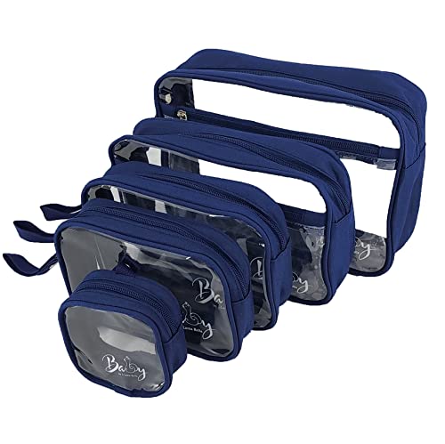 5 Piece Diaper Bag Organizer Pouch Set, Clear with Straps and Pacifier Case - Navy