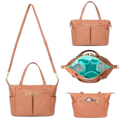 MOMINSIDE Small Diaper Bag, Mini Diaper Tote, Leather Diaper Bag Purse, Crossbody Baby Bag with 13 Pockets, Diaper Clutch for Women Mom, 2 Insulated Pockets(Brown)