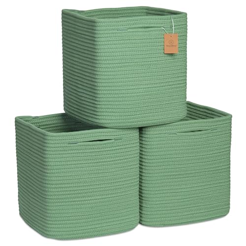 NaturalCozy Storage Cubes 11 Inch Cotton Rope Woven Baskets for Organizing, 3-Pack | Cube Storage Bin | Square Storage Baskets for Shelves Organizer, Classroom, Kids Toy Bins, Closet, Baby Nursery