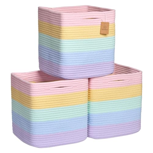 NaturalCozy Storage Cubes 11 Inch Cotton Rope Woven Baskets for Organizing, 3-Pack | Cube Storage Bin | Square Storage Baskets for Shelves Organizer, Classroom, Kids Toy Bins, Closet, Baby Nursery