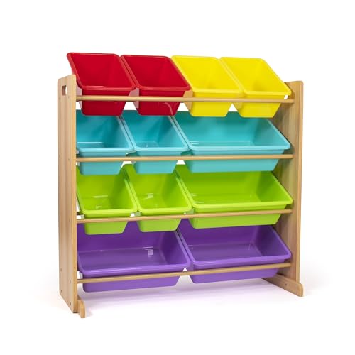 Humble Crew Kids Toy Storage Organizer with 12 Plastic Bins, Natural Wood/Rainbow  Removable Bins for Playroom, Bedroom, Toddler Furniture for Boys and Girls Ages