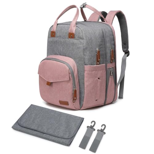 Large Diaper Bag Backpack for Two Kids Twins - Expandable Baby Bag (26-36L), Dual Big Compartments - Includes Changing Pad & Stroller Straps, Unisex Pink Grey