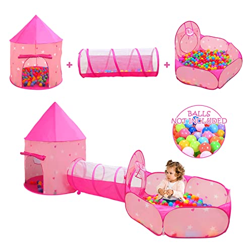 3PC Princess Tent for Girls with Kids Ball Pit, Kids Play Tents and Crawl Tunnel for Toddlers, Pink Pop Up Playhouse Toys for Baby Indoor& Outdoor Tent Games (Pink Tent with Stars 3pc)