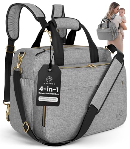 4 in 1 Convertible Baby Diaper Bag  Converts from Tote to Backpack, Stroller & Crossbody Diaper Bag  Gray Baby Travel Bag  Gift for Moms