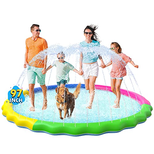 VISTOP Non-Slip Splash Pad for Kids and Dog, Thicken Sprinkler Pool Summer Outdoor Water Toys - Fun Backyard Fountain Play Mat for Baby Girls Boys Children or Pet Dog (97 inch, Red&Yellow&Green&Blue)