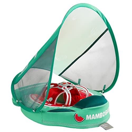 Mambobaby Float Add Tail Baby Swim Float with Canopy Solid Pool Infant Swim Trainer Swimming Training Lying Air Free Water Floats Non-Inflatable Waist Swim Ring for Toddlers (Watermelon)