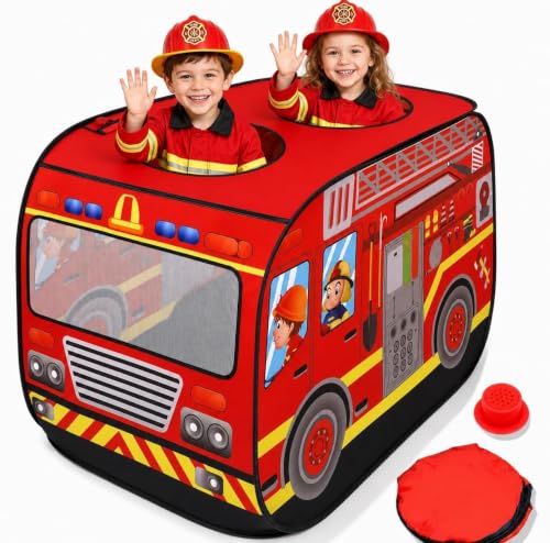 Musical Fire Truck Pop Up Play Tent with 3 Openings - Role Play Firefighter Tent - Sirens & Fireman Sounds - Indoor Outdoor - Red Fire Engine Playhouse Vehicle Toys - Ideal Play, Gift, Prop