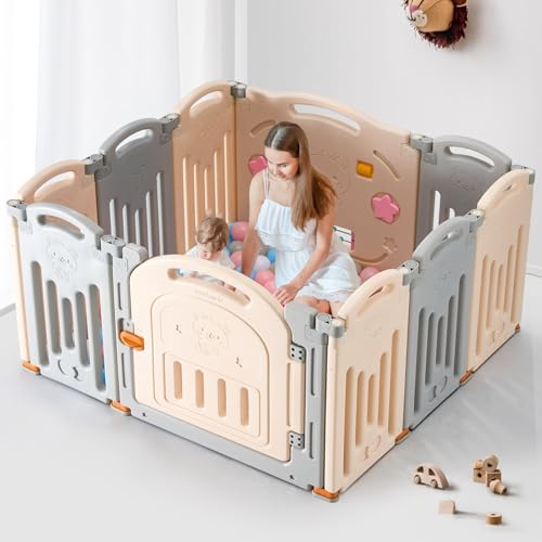 New Foldable Baby Playpen, UANLAUO Baby Fence with Gate NO Gaps Play Yards, Indoor & Outdoor Safety Play Pen Area, Playpens for Babies and Toddlers, Kids, Child(Grey + Cream, 10 Panel)