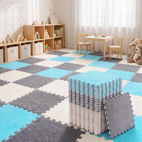 Amylove 36 Pcs Plush Foam Floor Mat Square Interlocking Carpet Tiles with Border Fluffy Play Mat Floor Tiles Soft Climbing Area Rugs for Home Playroom, 12 x 12 x 0.4 in (White,Light Gray,Royal Blue)