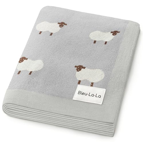 Knit Baby Swaddle Blanket - 100% Cotton Soft Cozy Lightweight Unisex Receiving Swaddling Stroller Quilt Blanket for Shower Gift Registry for Newborns Infants & Toddlers (Sheep - Grey)