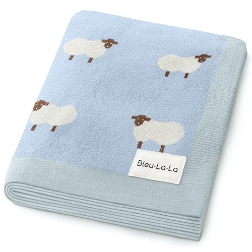 Knit Baby Swaddle Blanket for Boys - 100% Cotton Soft Cozy Lightweight Receiving Swaddling Stroller Quilt Blanket for Newborns Infants Toddlers (Sheep - Baby Blue)