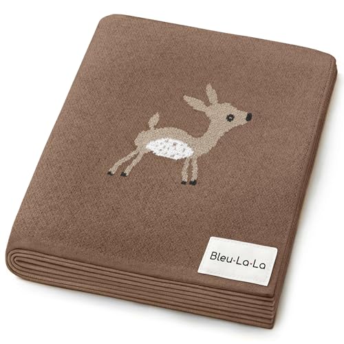 Knit Baby Swaddling Blanket - 100% Cotton Lightweight Soft Cozy Receiving Swaddle Stroller Quilt Blanket for Shower Gift Registry for Newborns, Infants, Toddlers (Deer - Mocha)