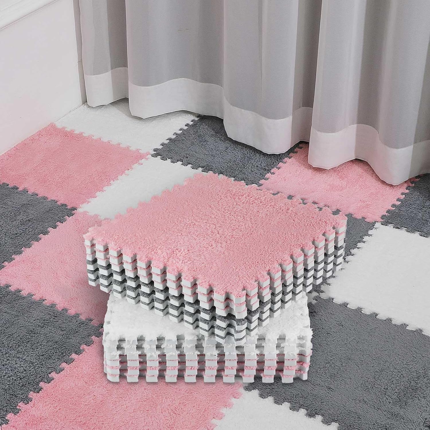 Amylove 18 Pcs Plush Foam Floor Mat Square Interlocking Carpet Tiles with Border Fluffy Play Mat Floor Tiles Soft Climbing Area Rugs for Home Playroom, 12 x 12 x 0.4 in (White,Pink,Gray)
