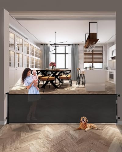 118" Extra Wide Retractable Mesh Gate, Pet or Baby Safety Gate for Indoor/Outdoor Use, Stairs, Deck, Black