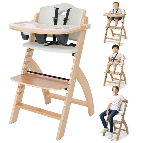 Abiie Beyond Junior Wooden High Chair with Tray - Adjustable and Convertible High Chair for Babies and Toddlers - 6 Months to 250 Lb - Water Resistant - Natural Wood/Dove Grey Cushion