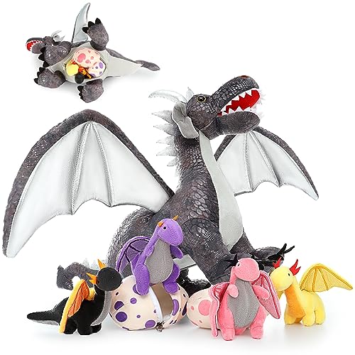 Muiteiur Large Dragon Stuffed Animal Set,21.6 Inch Mommy Dragon with 4 Baby Dragon Plush 2 Eggs,Soft Dragon Plush Toy Gift for Kids Boys Girls