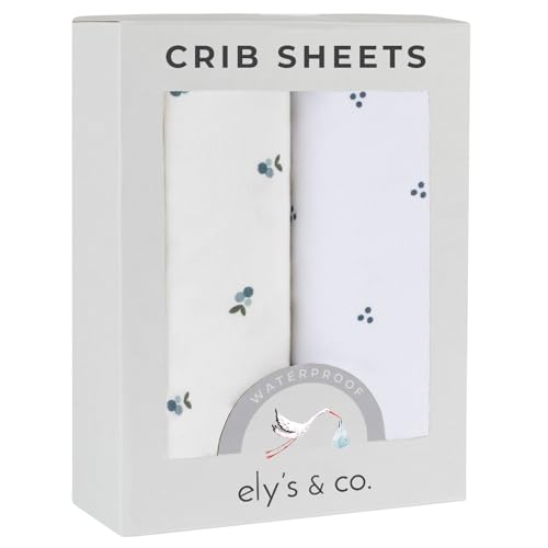 Ely's & Co. Patent Pending Waterproof Crib Sheets, 100% Cotton with Waterproof Lining - Built in Mattress Protector, 2 Pack Fitted Crib Sheet Set, Berry and Cluster Dot (Blue) 28 x 52