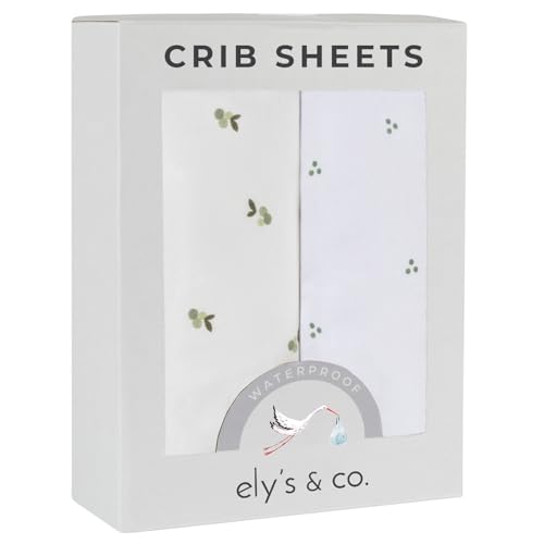 Ely's & Co. Patent Pending Waterproof Crib Sheets, 100% Cotton with Waterproof Lining - Built in Crib Mattress Protector, 2 Pack Fitted Toddler Sheet Set, Berry and Cluster Dot (Sage) 28 x 52