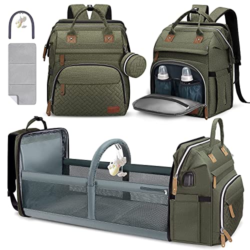 DERJUNSTAR Diaper Bag Backpack, Large Baby Bag with Changing Pad, Thick Padded Back & Straps, Laptop Compartment, Waterproof Travel Backpack with USB Port, Multi-Function for Mom & Dad, Army Green