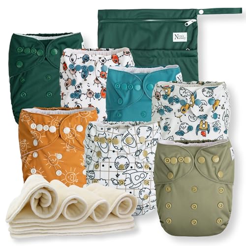 Nora's Nursery Cloth Diapers 7 Pack with 7 Inserts & 1 Wet Bag - Waterproof Cover, Washable, Reusable & One Size Adjustable Pocket Diapers for Newborns and Toddlers - Outer Space