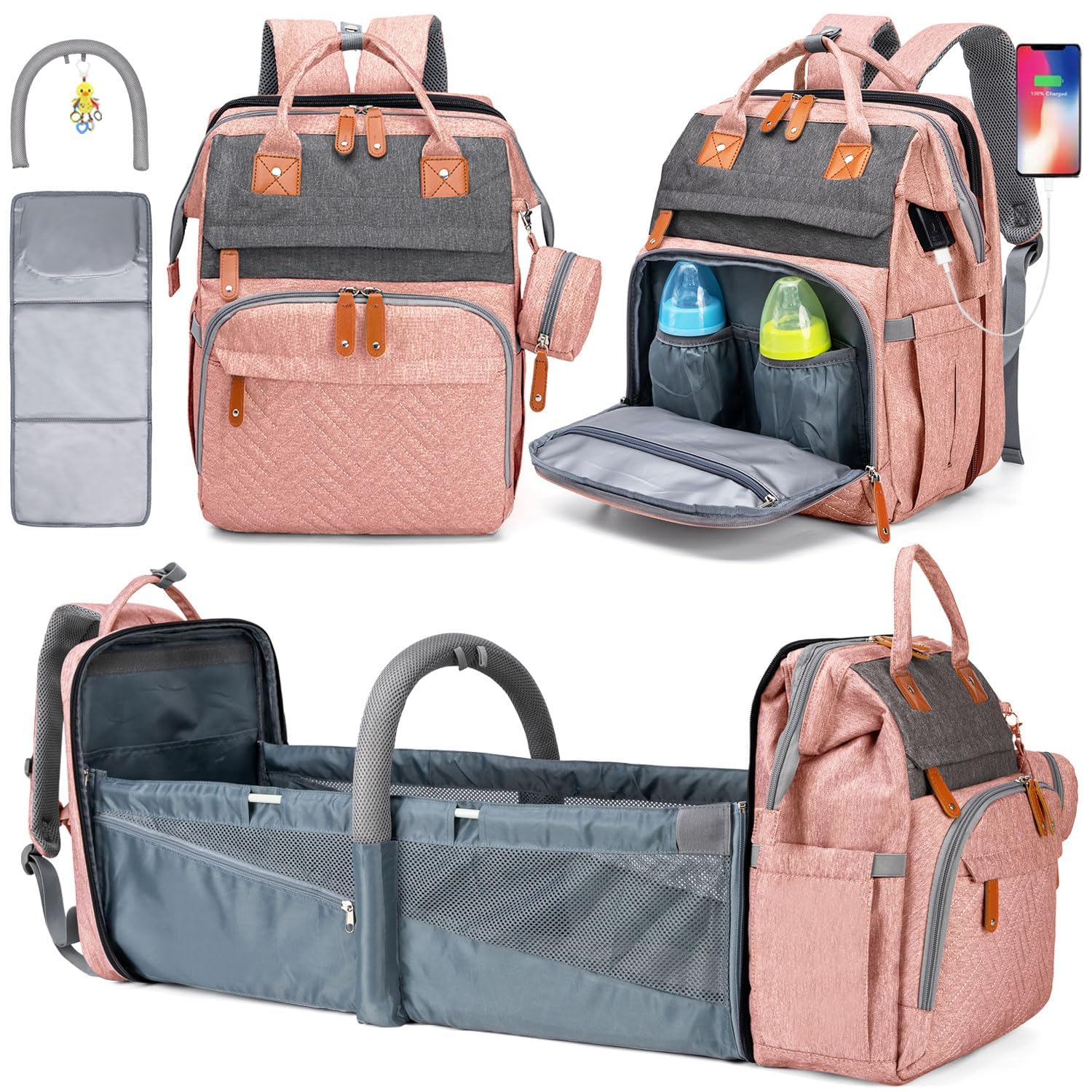 KABAQOO Diaper Bag Backpack (Pink Grey)