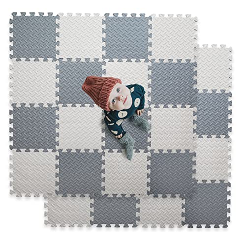16 Tiles Foam Play Mat for Baby, Soft & Safe EVA Foam Mats for Floor, Square Baby Play Mat, Solid Colored Kids Foam Puzzle Floor Mat, 47x47 Play Mat for Playpen(Whit/Gray)