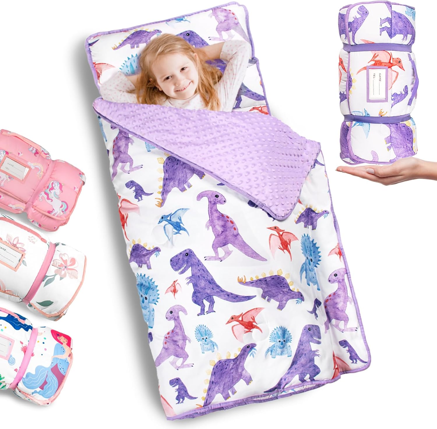 Primlect Thickened Toddler Nap Mat with Removable Pillow and Minky Blanket, Extra Large 55''x35'' Sleeping Bag, Washable, Roll up, Perfect for Daycare, Preschool, Kindergarten, Boys and Girls Dinosaur