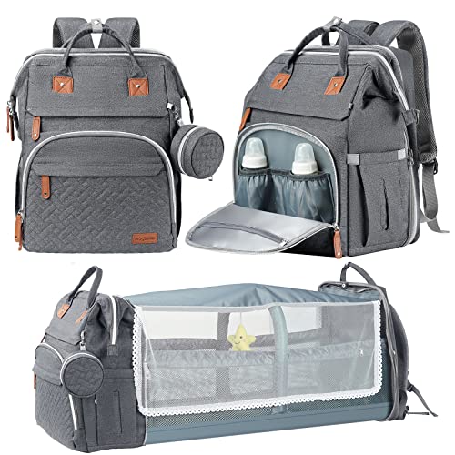 DERJUNSTAR Baby Diaper Bag Backpack with ChangingStation-Large Capacity Baby Bag for Boys & Girls, USBCharging Port, Pacifier Case, sunshade & Toy Bar,Waterproof, Pale Grey