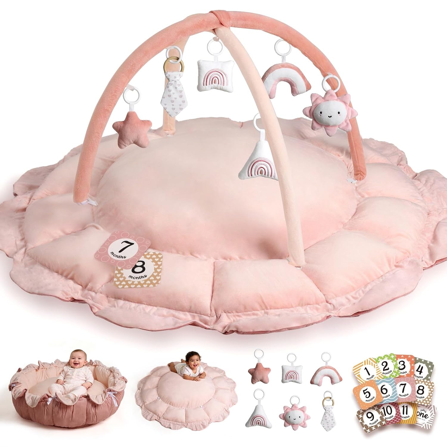HAN-MM 5-in-1 Convertible Baby Play Gym with 6 Toys, Tummy Time Mat for Sensory Development, Baby Activity Center from Newborn to Toddler, Ball Pit, Cat & Dog Bed, Soft Plush Pet Bed, Pink