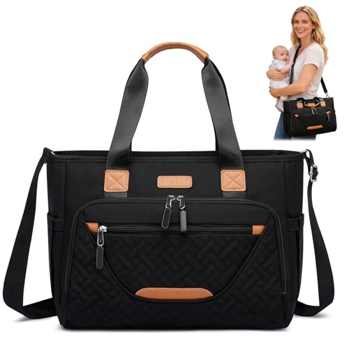 Diaper Tote Bag, 4 in 1 Tote Diaper Bag with 16" Laptop Compartment, Baby Bag with 3 Insulated Pocket for Mam and Dad, Ideal for Travel, Work (Black)