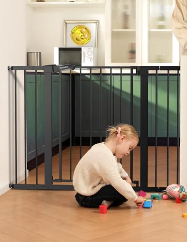 BABELIO 36" Tall Baby Gate PressGuard P7, 29-48" Auto-Close & Pressure Mounted, Black Steel Dog Gate for Stairs & Doorways