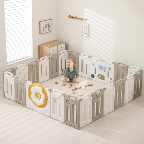 Foldable Playpen for Babies and Toddlers, Toddler Safe Fence with Game Panel, Play Yard with Gates, Indoor & Outdoor PlayPen, 22 Panels