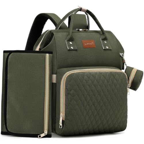 Diaper Bag Backpack with Changing Pad, Pacifier Case, Baby Bag for Boy Girl Toddler - Large, Stylish, Waterproof Travel Quilted Diaper Bag for Mom - Baby Shower - Army Green