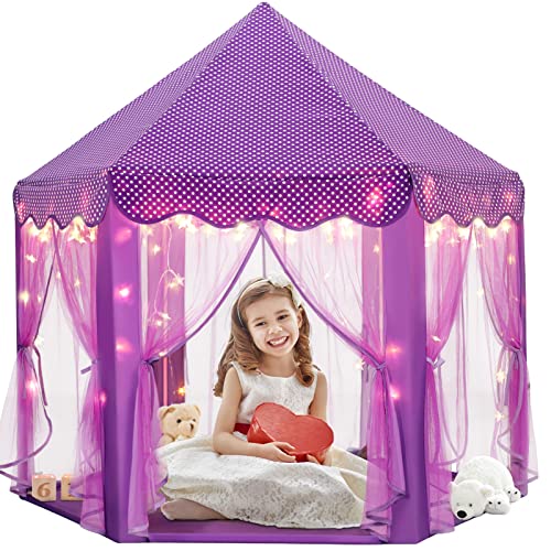 Purple Princess Castle Tent for Girls with Fairy Star Lights Play Tents for Kids Hexagon Playhouse Fairy Toys for Children or Toddlers Indoor or Outdoor Games