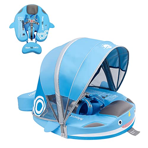 Mambobaby Floats with Canopy &Tail, Non-Inflatable Baby Float for Pool Add Tail Avoid Flip Swim Trainer Baby Floats for Toddler Boys Girls(Narwhal-Blue)