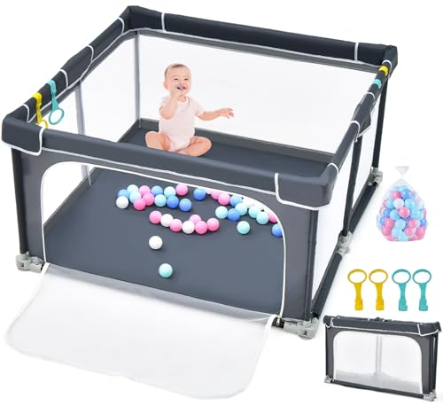 INFANS Baby Playpen, 50x50 Foldable Large Playard for Toddlers with Gate, Soft Visible Mesh, Indoor Outdoor Kids Activity Center Baby Fence with 4 Handlers 50 Ocean Balls (Black)