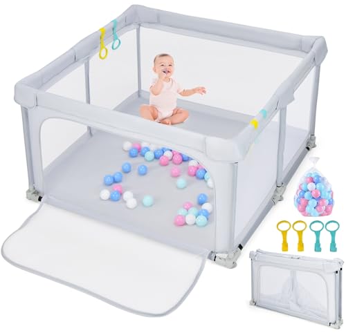 INFANS Baby Playpen Foldable, 50x50 Large Playard for Toddlers with Gate, Soft Visible Mesh, Indoor Outdoor Kids Activity Center Baby Fence with 4 Handlers 50 Ocean Balls (Gray)
