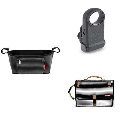 Skip Hop On The Go Essentials with Stroller Organizer, Changing Pad, and Portable Fan, Black Stripes