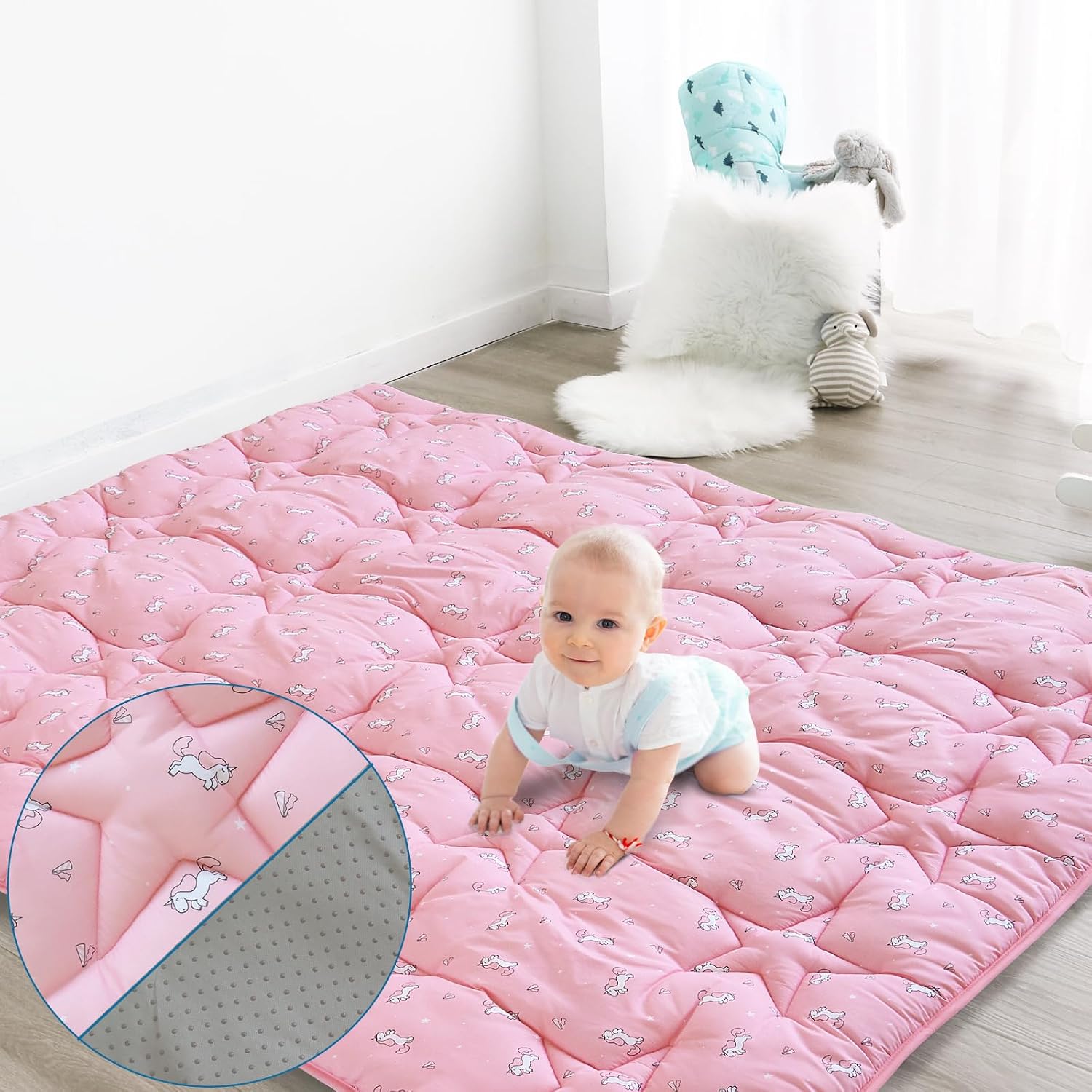 71'' x 59'' Baby Play Mat for Playpen, Baby Play Mat for Floor One-Piece Crawling, Non Slip Play Mats for Babies and Toddlers, Kids Play Mat for Playpen Toddler Infants Tummy Time Activity, Pink