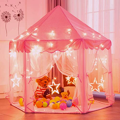 Princess Tent for Girls with Big Star Lights, Kids Playhouse Castle Play Tent, Birthday Girl Gift, Indoor Princess Game (Pink, Big Star Lights)