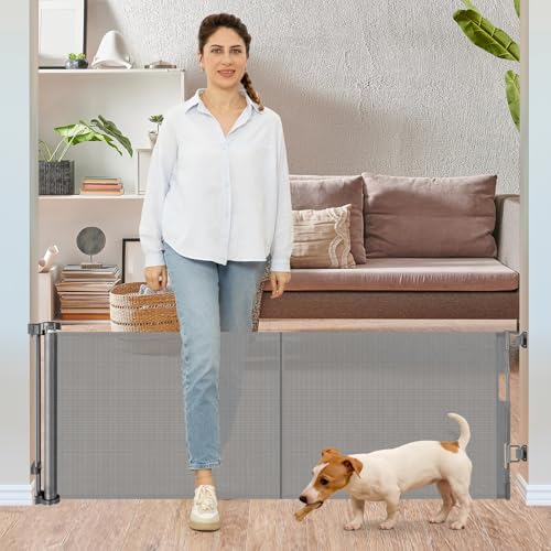 24 Inches Tall Retractable Baby gate for Dogs, Short Pet Gates to Step Over, Extends up to 55" Wide, Reinforced Mesh Doggie Gates for Indoors Outdoors Small Dog Gate for Stairs Puppy Gate (Grey)