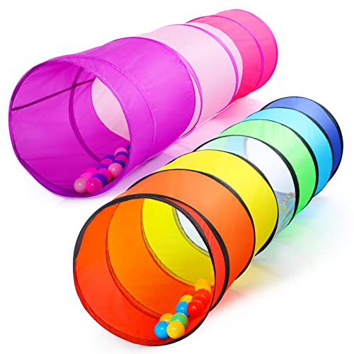 Kids Play Tunnel Tent for Toddler, 2 Pack 6-ft Pop Up Crawl Tunnel Toy for Baby Children or Dog Cat, Collapsible Gift for Boy and Girl Play Tunnel Indoor Outdoor Game (Rainbow Tunnel+Pink Tunnel)