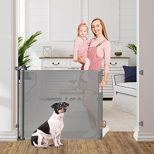 Retractable Baby Gate for Doorways 33 Inch Tall - 60 Inch Wide Dog Gate Indoor Doorway for Pets Retractable Mesh Puppy Gates for The House Outdoor Baby Gates for Stairs, Kitchens, Porch, Decks, Gray