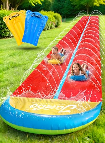 JAMBO 24Ft XL Slip Splash and Slide and 2 Bodyboards, Heavy Duty Lawn Water Slide, Summer Water Toy with Sprinkler for Backyard Outdoor Water Fun n Toys for Kids, Splash Mat Splash Pad