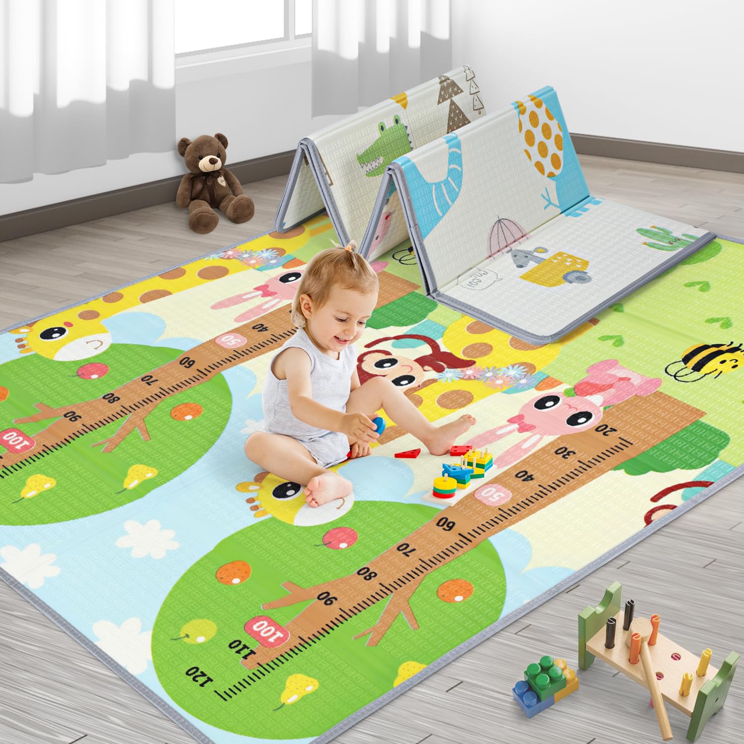 MEM Baby Play Mat 71" x 59", Foldable Baby Play Mats for Floor, Reversible Waterproof Foam Playmat for Babies and Toddlers, Large Non-Slip Baby Crawling Mat with Travel Bag