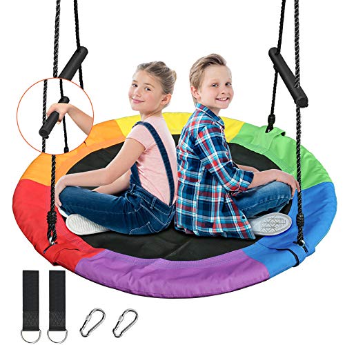 Saucer Tree Swing 46 Inch, 800 lb Capacity Swing for Kids with Hanging Straps, Textliene Fabric Waterproof Steel Frame and Carabiner for Playground and Backyard, New Year Day Gifts(Rainbow)