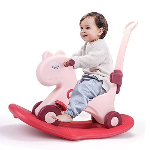 4 in 1 Rocking Horse for Toddlers 1-3 Years Old, Baby Rocking Toy Fun Birthday Gift for 1+ Girls, Ride on Toy with Detachable Balance Board and Footrest,Balance Bike with Push Handle,Pink
